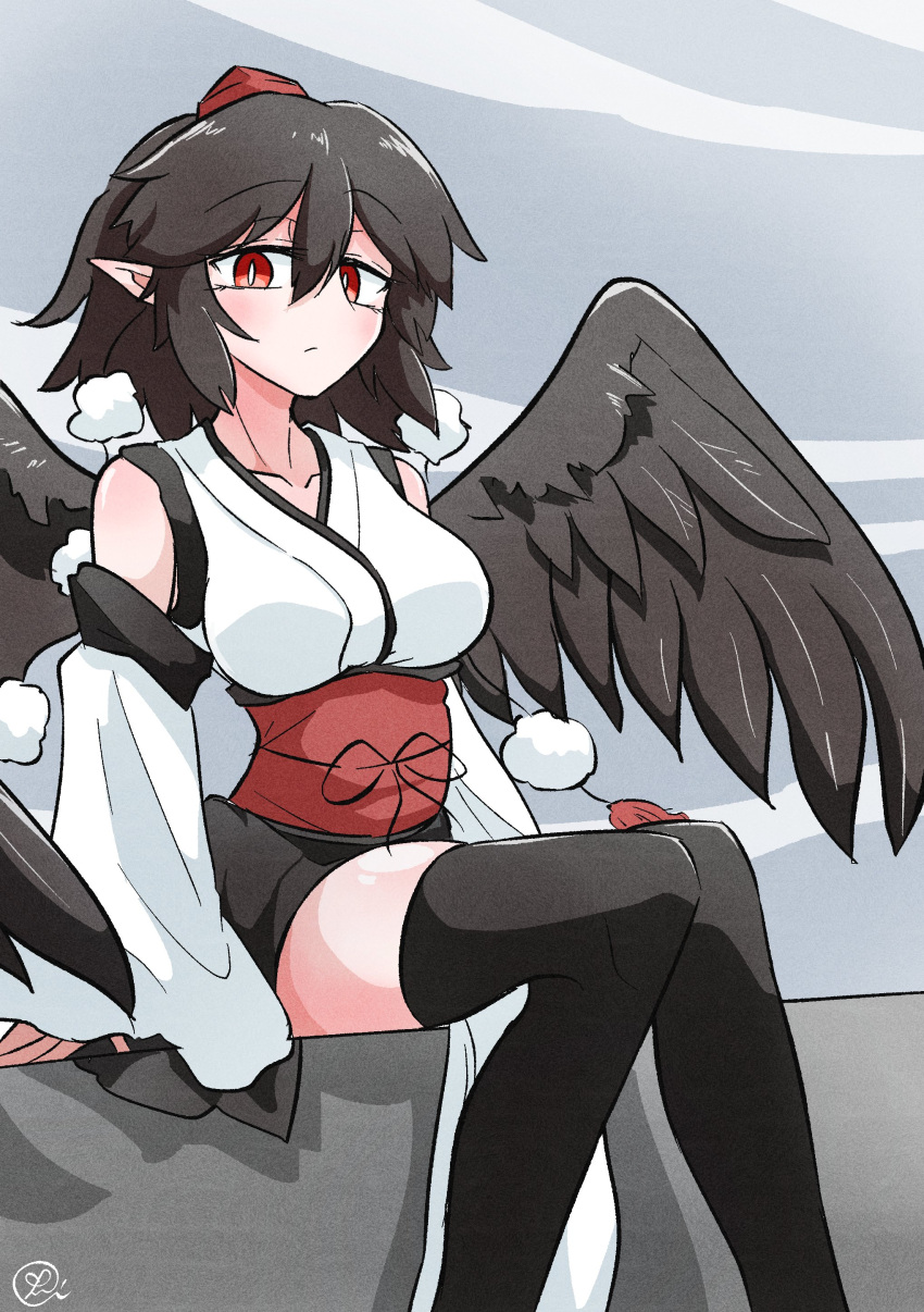 1girl absurdres bird_wings black_hair black_wings breasts hat hauchiwa highres kourindou_tengu_costume medium_breasts obi one-hour_drawing_challenge pointy_ears pom_pom_(clothes) red_eyes red_sash sash scavia10 shameimaru_aya solo tengu tokin_hat touhou wings