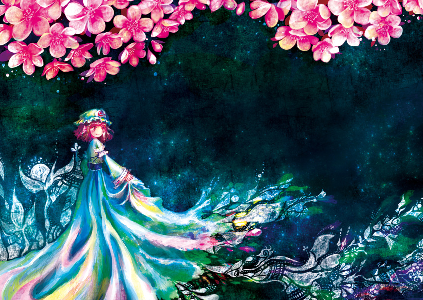 1girl abstract arm_garter blue_dress blue_headwear blush cherry_blossoms closed_mouth commentary dress full_body hat highres long_sleeves looking_afar medium_hair mob_cap night obi pink_eyes pink_hair ribbon-trimmed_sleeves ribbon_trim saigyouji_yuyuko sash skirt_hold sky smile solo star_(sky) starry_sky tocchi touhou triangular_headpiece wide_sleeves