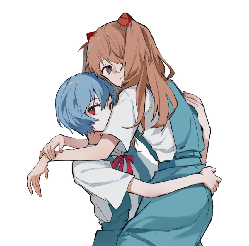 2girls ayanami_rei bangs blue_eyes blue_hair blue_skirt closed_mouth dango_(uni_520) hair_between_eyes hand_on_another's_back hand_on_another's_waist highres hug long_hair looking_at_viewer multiple_girls neck_ribbon neon_genesis_evangelion orange_hair red_eyes red_ribbon ribbon school_uniform shirt short_hair short_sleeves simple_background skirt souryuu_asuka_langley suspender_skirt suspenders tokyo-3_middle_school_uniform_(evangelion) two_side_up upper_body white_background white_shirt yuri