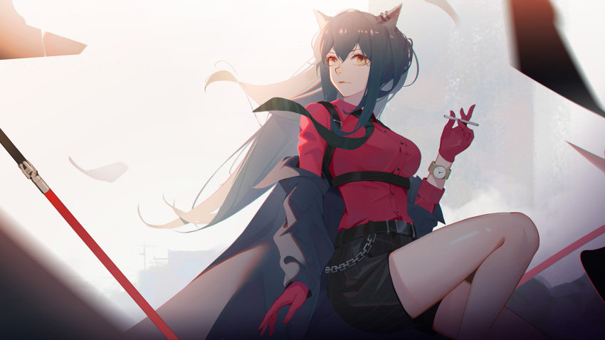 1girl animal_ears arknights bangs belt black_belt black_hair black_skirt chain cigarette closed_mouth eyebrows_visible_through_hair feet_out_of_frame gloves harness highres holding holding_cigarette j_fang lips long_hair looking_at_viewer official_alternate_costume orange_eyes red_gloves red_shirt shirt simple_background sitting skirt solo suspenders texas_(arknights) texas_(willpower)_(arknights) watch wolf_ears