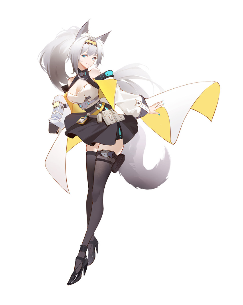 1girl animal_ear_fluff animal_ears aqua_nails arm_behind_back bangs black_footwear black_legwear black_skirt breasts closed_mouth eyebrows_visible_through_hair fox_ears fox_tail full_body hairband high_heels highres id_card j_fang jacket jacket_pull leaning_forward light_blue_eyes long_hair looking_at_viewer medium_breasts nail_polish open_clothes open_jacket original ponytail shirt silver_hair simple_background skirt smile solo standing tail thigh-highs white_jacket white_shirt