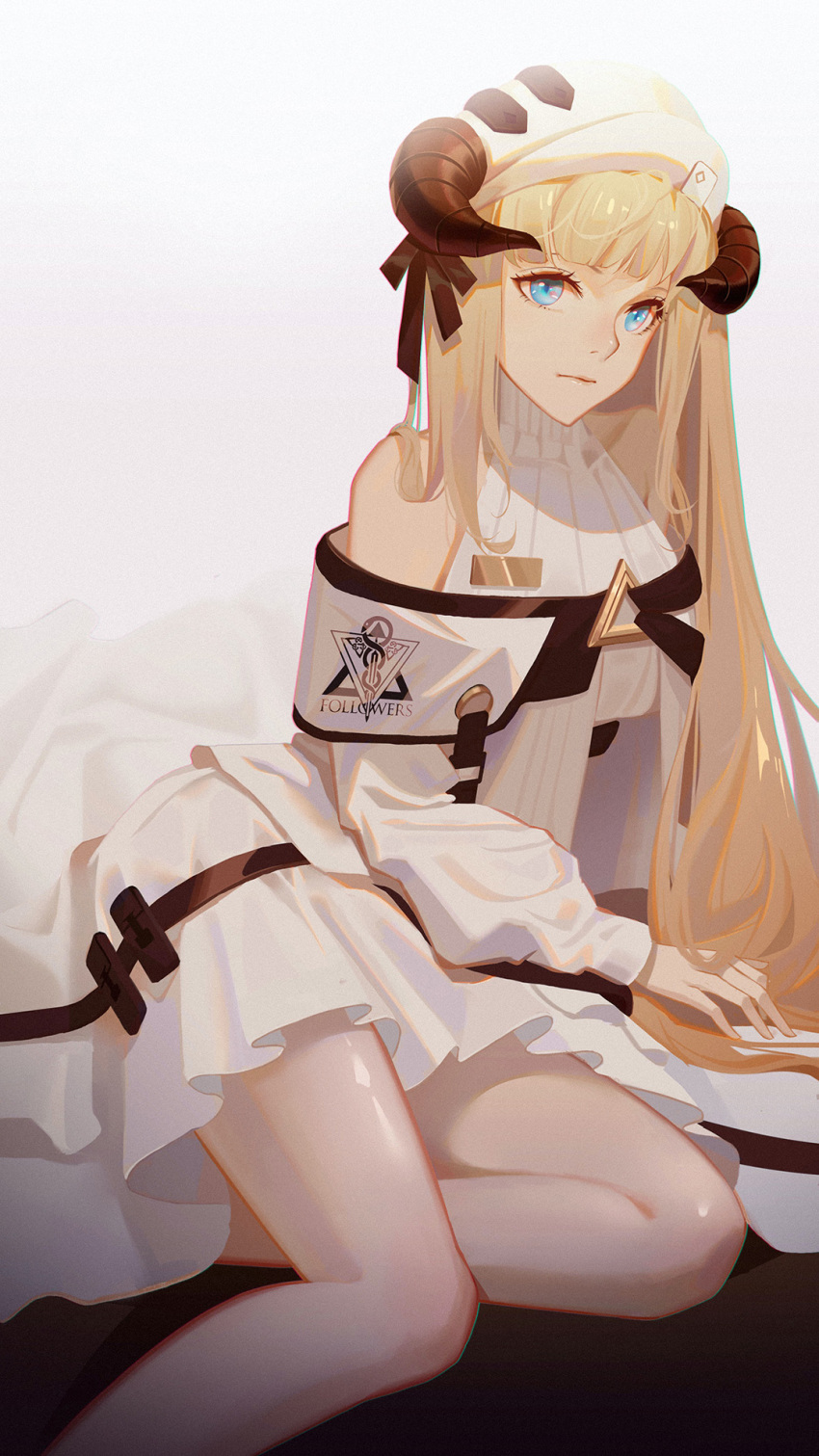 1girl arknights bangs bare_legs blonde_hair blue_eyes breasts closed_mouth dress eyebrows_visible_through_hair hand_on_floor highres horns horns_through_headwear j_fang legs lips long_hair looking_at_viewer nightingale_(arknights) sitting solo white_background white_dress white_headwear