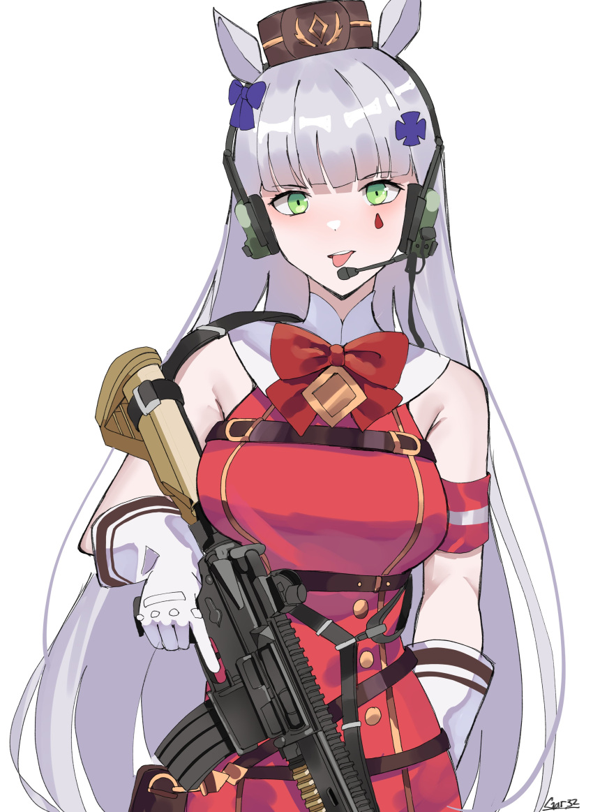 1girl absurdres animal_ears armband artist_name assault_rifle bangs bow bowtie breasts buttons coat cosplay double-breasted english_commentary facial_tattoo fake_animal_ears gar32 girls_frontline gloves gold_ship_(umamusume) gold_ship_(umamusume)_(cosplay) green_eyes grey_hair gun h&amp;k_hk416 headset highres hk416_(girls'_frontline) holding holding_gun holding_weapon horse_ears large_breasts long_hair looking_at_viewer open_mouth red_bow red_bowtie red_coat rifle simple_background sleeveless_coat solo tattoo teardrop_tattoo tongue tongue_out umamusume upper_body weapon white_background white_gloves