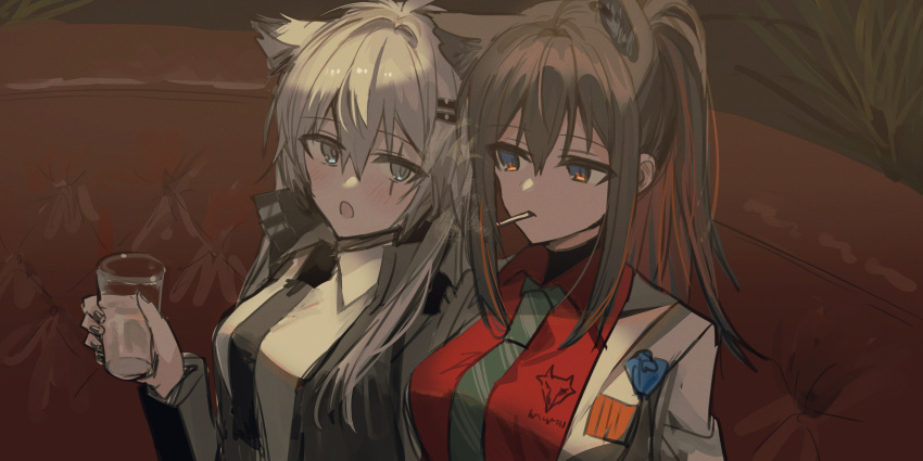2girls :o absurdres arknights black_hair black_jacket black_nails black_necktie blush breasts chihuri cigarette collared_shirt couch cup diagonal-striped_neckwear diagonal_stripes drinking_glass green_necktie grey_eyes grey_hair highres holding holding_cup jacket lappland_(arknights) long_hair long_sleeves medium_breasts mouth_hold multicolored_hair multiple_girls nail_polish necktie on_couch open_clothes open_jacket open_mouth orange_hair ponytail red_shirt scar scar_across_eye shirt smoke smoking striped texas_(arknights) two-tone_hair upper_body white_jacket white_shirt yuri
