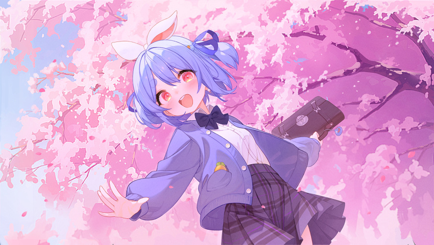 1girl :d bangs blue_bow blue_bowtie blue_hair blue_jacket blue_ribbon blush bow bowtie cherry_blossoms collared_shirt cowboy_shot dutch_angle eyebrows_visible_through_hair from_below gawain_(artist) hair_ribbon hololive jacket long_sleeves open_clothes open_jacket plaid plaid_skirt red_eyes ribbon round_teeth shirt short_eyebrows short_hair skirt smile solo standing teeth thick_eyebrows tree two_side_up upper_teeth usada_pekora virtual_youtuber white_shirt
