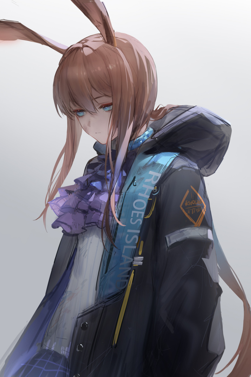 1girl absurdres amiya_(arknights) animal_ears arknights ascot bilibilida black_coat blue_eyes brown_hair chinese_commentary closed_mouth coat commentary_request grey_background highres hooded_coat long_hair long_sleeves ponytail purple_ascot rabbit_ears sad sidelocks solo upper_body