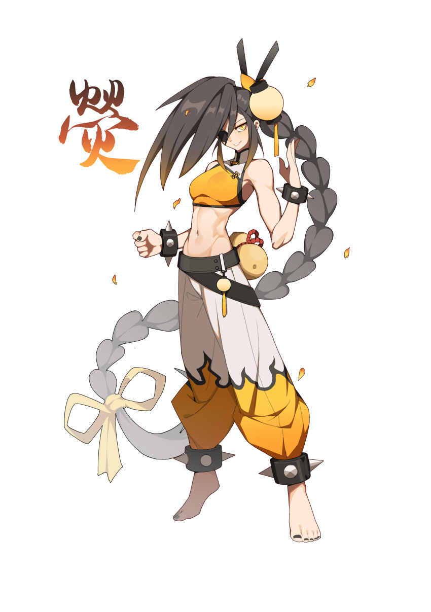 1girl abs absurdres bare_arms bare_shoulders barefoot black_hair black_nails bracelet breasts commentary crop_top eyepatch full_body grin hair_ribbon hand_up hanenosaki highres jewelry long_braid long_hair looking_at_viewer medium_breasts midriff nail_polish navel original pants ribbon shirt simple_background smile solo spiked_bracelet spikes standing stomach toenail_polish toenails very_long_hair white_background white_pants yellow_eyes yellow_ribbon yellow_shirt