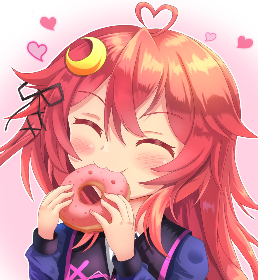 1girl :3 ^_^ ahoge bangs black_ribbon blue_shirt blush closed_eyes closed_mouth commentary_request crescent crescent_hair_ornament doughnut eating eyebrows_visible_through_hair facing_viewer food gradient gradient_background hair_between_eyes hair_ornament hair_ribbon hands_up heart heart_ahoge holding holding_food kantai_collection long_hair long_sleeves pink_background puffy_long_sleeves puffy_sleeves redhead ribbon shirt sills solo upper_body uzuki_(kancolle) white_background