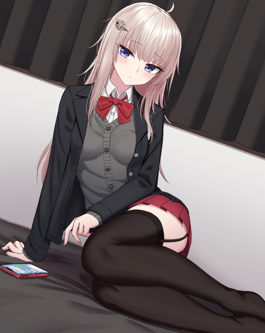 1girl absurdres ahoge ak74m_(girls'_frontline) arm_support black_jacket black_legwear blazer blush bow bowtie breasts buttons cardigan cellphone closed_mouth collared_shirt commentary eyebrows_visible_through_hair garter_straps girls_frontline hair_ornament highres indoors jacket long_hair long_sleeves looking_at_viewer open_clothes open_jacket phone pleated_skirt red_bow red_bowtie red_skirt school_uniform shirt silver_hair skirt smartphone snowflake_hair_ornament solo thigh-highs yakob_labo