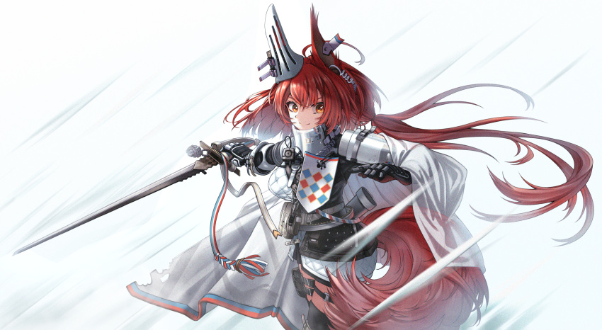 1girl absurdres animal_ears arknights black_bag black_legwear black_shirt breakdiamond cape cowboy_shot ear_covers ear_piercing earclip earpiece flametail_(arknights) gauntlets highres holding holding_sword holding_weapon long_hair looking_at_viewer low_twintails outstretched_arms piercing redhead shirt simple_background skirt smile solo squirrel_ears squirrel_girl squirrel_tail sword tail thigh-highs thigh_pouch thigh_strap twintails weapon white_background white_cape white_skirt yellow_eyes