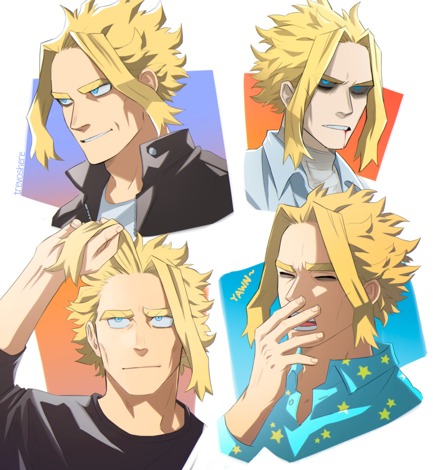 1boy all_might artist_name bangs black_jacket black_sclera black_shirt blonde_hair blood blood_from_mouth blue_eyes boku_no_hero_academia closed_mouth colored_sclera cropped_shirt hand_up highres jacket male_focus official_alternate_costume open_clothes open_jacket pajamas parted_bangs shirt short_hair star_(symbol) trevo_(trevoshere) white_background yagi_toshinori