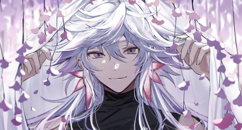 1boy ahoge bangs closed_mouth collarbone earrings fate/apocrypha fate/grand_order fate_(series) flower hair_between_eyes hair_ornament hands_up highres jewelry long_hair long_sleeves looking_at_viewer male_focus merlin_(fate) petals pink_flower smile solo upper_body very_long_hair violet_eyes white_hair yui_(linaw-key08)