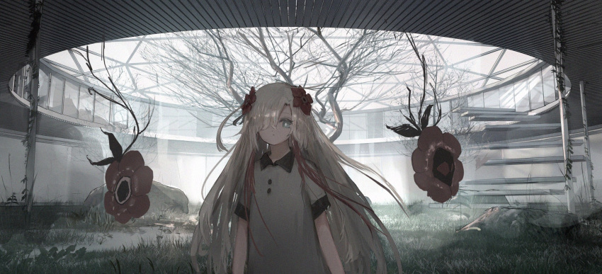1girl bare_tree blonde_hair building buttons casual collared_shirt expressionless flower grass grey_eyes grey_shirt hair_flower hair_ornament highres isekai_joucho kamitsubaki_studio long_hair long_shirt misumigumi one_eye_covered plant red_flower rock ruins scenery shirt stairs tree very_long_hair vines