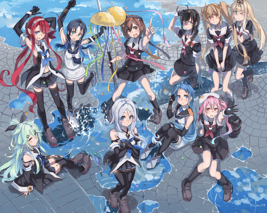 6+girls ahoge arm_up arms_up bangs black_gloves black_hair black_legwear black_neckerchief black_ribbon black_sailor_collar black_serafuku black_shirt black_skirt blonde_hair blue_eyes blue_hair blue_neckerchief blue_ribbon blush bow braid breasts brown_eyes brown_footwear brown_hair buttons closed_mouth clouds cloudy_sky cobblestone collarbone commentary commentary_request confetti cuffs detached_sleeves elbow_gloves eyebrows_visible_through_hair floating_clothes full_body gloves gradient_hair green_eyes green_hair hair_between_eyes hair_bow hair_flaps hair_ornament hair_over_shoulder hair_ribbon hairband hairclip harusame_(kancolle) hat highres holding holding_pole kantai_collection kawakaze_(kancolle) kneehighs light_brown_hair loafers long_hair looking_at_viewer low_twintails medium_breasts messy_hair mole mole_under_eye multicolored_hair multiple_girls murasame_(kancolle) navel neckerchief one_eye_closed open_mouth orange_hairband out_of_frame parted_lips pavement pink_hair pleated_skirt pointing pointing_up pole ponytail pose puddle red_eyes red_neckerchief redhead reflection reflective_water ribbon ripples rudder_footwear sailor_collar sailor_hat samidare_(kancolle) school_uniform serafuku shadow shigure_(kancolle) shiratsuyu_(kancolle) shirt shoes short_hair short_sleeves side_ponytail signature silver_hair single_braid single_glove skirt sky sleeveless sleeveless_shirt smile solo_focus squatting striped sugue_tettou suzukaze_(kancolle) teeth thigh-highs twintails twitter_username umikaze_(kancolle) very_long_hair water white_headwear white_legwear white_sailor_collar white_shirt white_skirt wind yamakaze_(kancolle) yuudachi_(kancolle) zettai_ryouiki