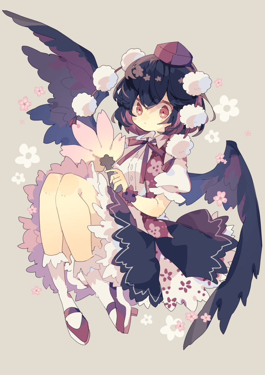 1girl bird_wings black_hair black_skirt black_wings blush cherry_blossoms closed_mouth feathered_wings full_body grey_background hair_between_eyes hand_fan hat hauchiwa highres holding holding_fan nikorashi-ka one-hour_drawing_challenge pom_pom_(clothes) puffy_short_sleeves puffy_sleeves red_eyes red_headwear shameimaru_aya shirt short_hair short_sleeves simple_background skirt solo tokin_hat touhou white_shirt wings