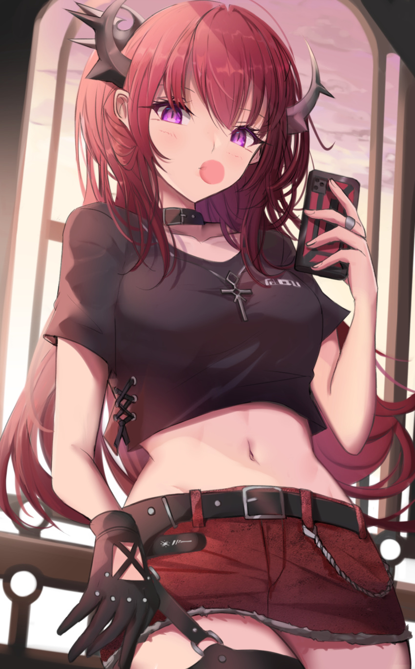 1girl arknights bangs belt black_belt black_choker black_gloves black_shirt blush breasts cellphone choker commentary cowboy_shot crop_top cross cross_necklace gloves hand_up highres holding holding_phone horns jewelry long_hair looking_at_viewer midriff miniskirt navel necklace official_alternate_costume phone red_skirt redhead revision shirt short_sleeves single_glove skirt small_breasts smartphone solo standing stomach stratoz surtr_(arknights) surtr_(liberte_echec)_(arknights) violet_eyes