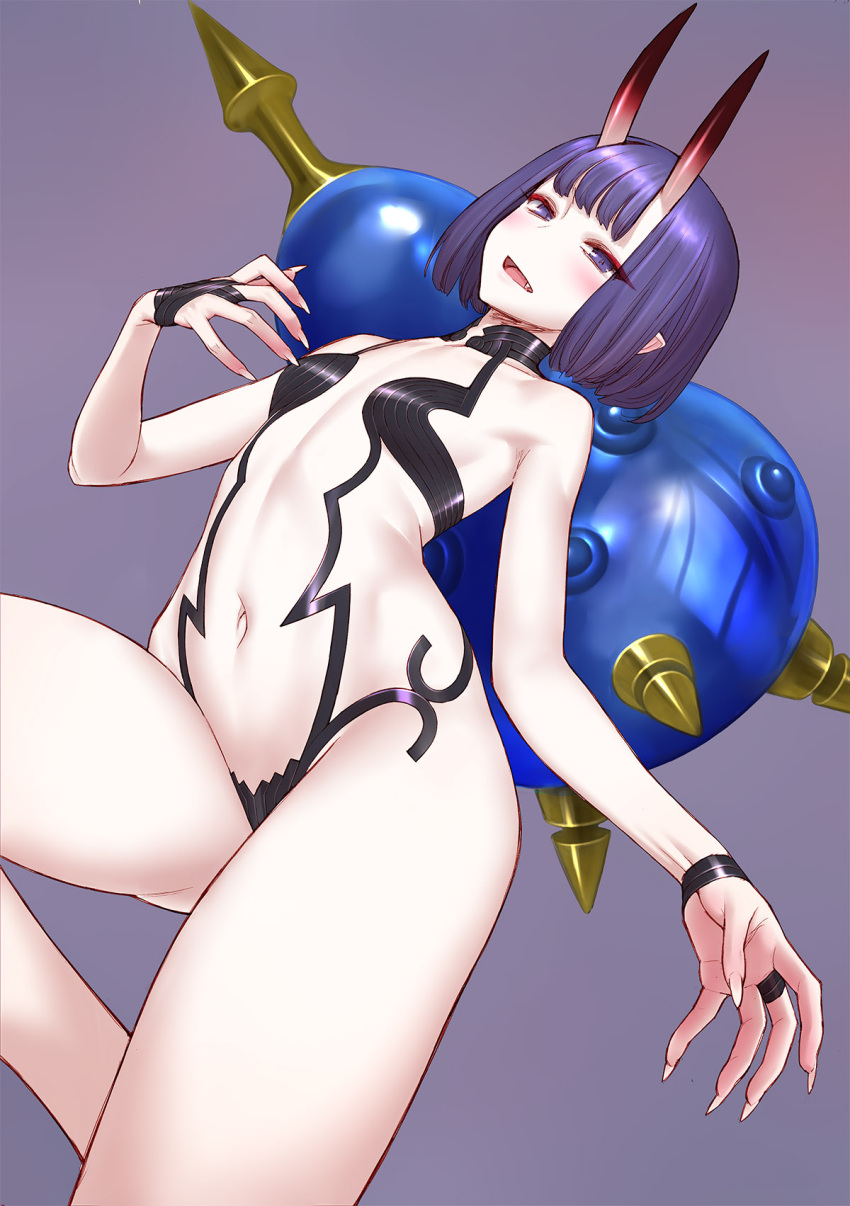 1girl bangs bare_shoulders bob_cut breasts bridal_gauntlets collarbone eyeliner fang fate/grand_order fate_(series) gourd headpiece highres horns looking_at_viewer makeup minazuki_juuzou oni oni_horns open_mouth purple_hair revealing_clothes short_hair shuten_douji_(fate) skin-covered_horns small_breasts smile solo thighs violet_eyes