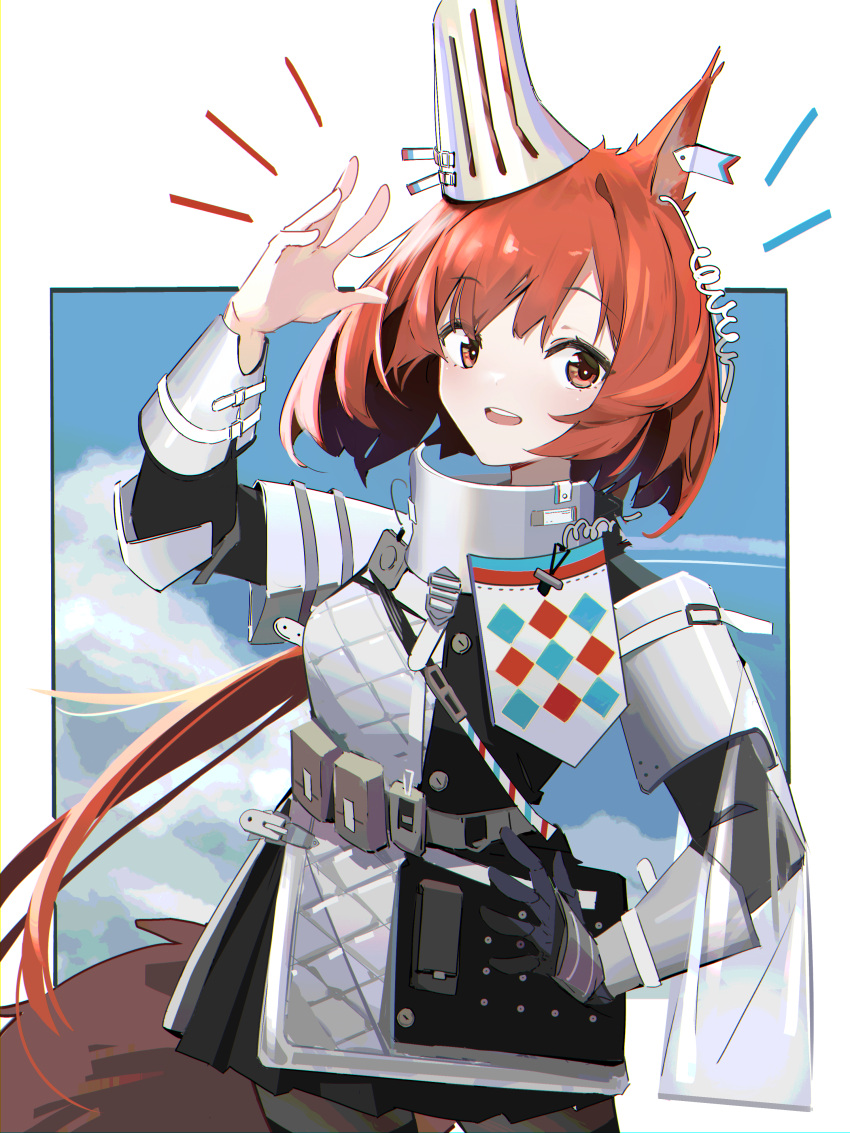 1girl absurdres animal_ears arknights black_legwear black_skirt blue_background chichi_guai cowboy_shot ear_covers earclip earpiece eyebrows_visible_through_hair flametail_(arknights) gauntlets hand_up highres looking_at_viewer open_mouth pantyhose red_eyes redhead shirt short_hair_with_long_locks single_gauntlet skirt solo squirrel_ears squirrel_girl squirrel_tail tail teeth two-tone_background upper_teeth white_background white_shirt