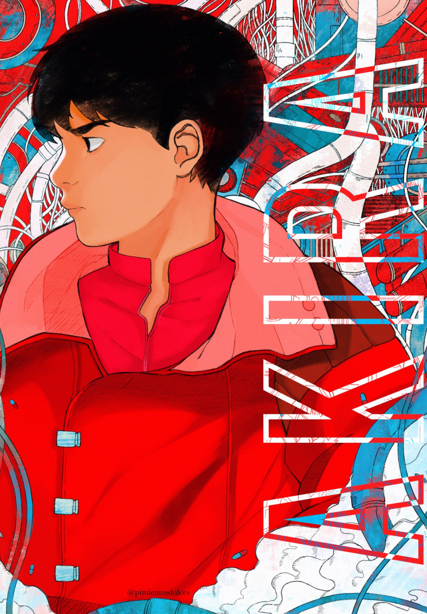 1boy akira black_hair english_text highres jacket kaneda_shoutarou looking_to_the_side male_focus pimientosdulces pipes profile red_jacket short_hair solo steam