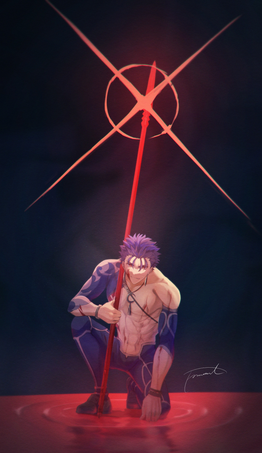 1boy abs absurdres blood blue_pants bracelet chest_strap closed_mouth crescent_necklace cu_chulainn_(fate) cu_chulainn_(fate/stay_night) cu_chulainn_(second_ascension)_(fate) detached_sleeves earrings fate/grand_order fate_(series) gae_bolg_(fate) grin highres holding holding_polearm holding_weapon jewelry kneeling looking_at_viewer male_focus moto_u_toe_say muscular muscular_male pants polearm red_eyes skin_tight smile solo spiky_hair weapon