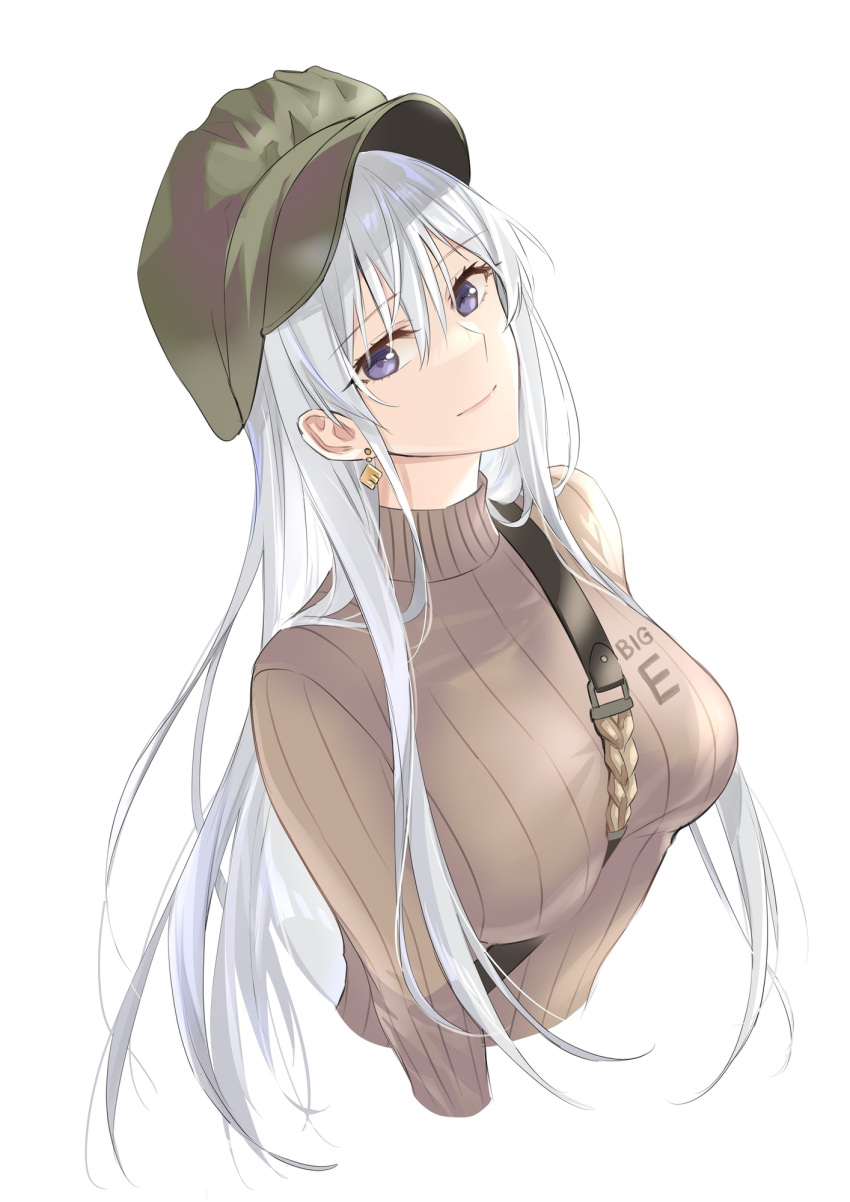 1girl azur_lane bangs blue_eyes brown_sweater casual closed_mouth cropped_torso earrings enterprise_(azur_lane) eyebrows_visible_through_hair green_headwear highres jewelry lips long_hair looking_at_viewer silver_hair smile solo suprii sweater upper_body white_background