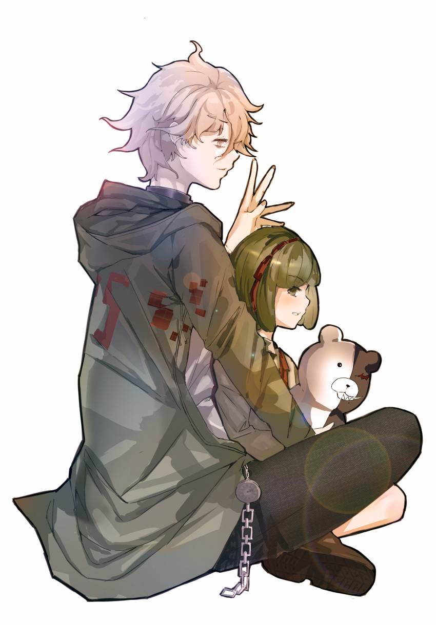 1girl absurdres bangs brown_footwear brown_pants danganronpa_(series) danganronpa_2:_goodbye_despair green_hair green_jacket grey_background grey_hair hairband hand_up highres hood hood_down jacket komaeda_nagito long_sleeves messy_hair monokuma orelia_(2582407181) pants parted_lips profile shoes short_hair simple_background sitting teeth towa_monaka