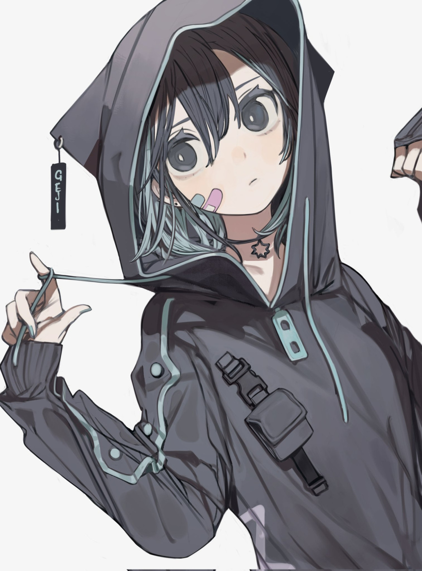 1girl :| animal_hood aqua_nails bandaid bandaid_on_face bangs black_eyes black_hair black_shirt boukou-chan_(tokiwata_soul) cat_hood closed_mouth collar colored_inner_hair drawstring dutch_angle eyebrows_behind_hair green_hair grey_background hair_between_eyes hand_up hands_up highres hood hoodie looking_to_the_side multicolored_hair original shirt simple_background solo tokiwata_soul upper_body zipper