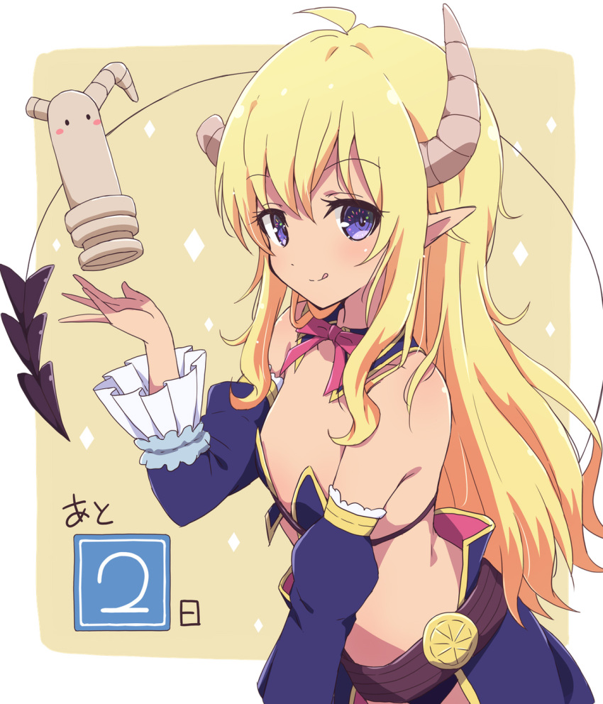 1girl :q bangs blonde_hair closed_mouth demon_girl demon_horns demon_tail detached_sleeves eyebrows_visible_through_hair flat_chest highres horns lilith_(machikado_mazoku) long_hair looking_at_viewer machikado_mazoku mel_(melty_pot) pointy_ears smile solo tail tongue tongue_out violet_eyes