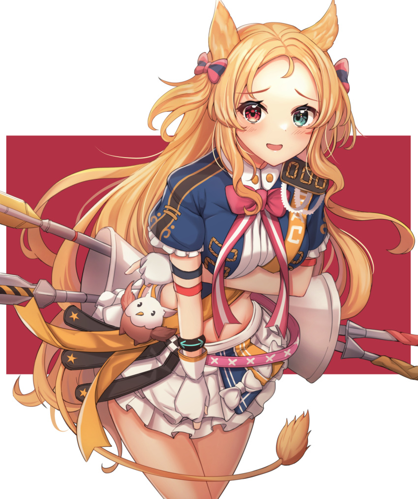 1girl animal_ears archetto_(arknights) archetto_(publicity_strategy)_(arknights) arknights blonde_hair blue_eyes blue_shirt blush bow bowtie breasts cowboy_shot crop_top embarrassed fingerless_gloves frilled_skirt frills gloves heterochromia highres kogetsu_azami large_breasts lion_ears lion_tail long_hair looking_at_viewer midriff_peek official_alternate_costume open_mouth pink_bow pink_bowtie red_background shirt short_sleeves skirt solo tail two-tone_background very_long_hair white_background white_bow white_gloves white_skirt
