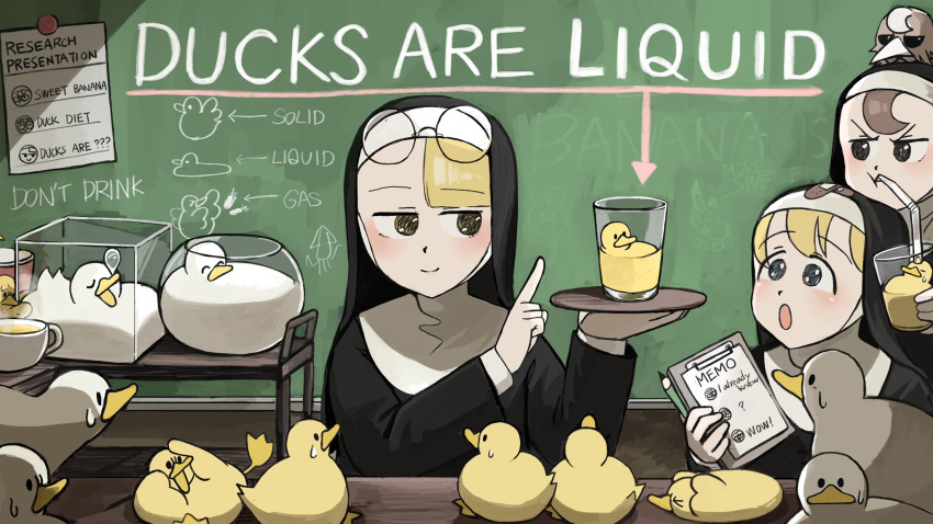 &gt;_&lt; 3girls :o ^_^ aquarium bandaid bandaid_on_head beak bendy_straw bird blonde_hair blue_eyes bowl brown_eyes brown_hair catholic chalkboard chicken clipboard closed_eyes commentary cowering cup diva_(hyxpk) drinking_glass drinking_straw duck duckling english_commentary english_text eyewear_on_head fishbowl habit half-bang_nun_(diva) highres holding holding_clipboard holding_cup holding_pencil holding_tray hook-bang_nun_(diva) in_container in_cup little_nuns_(diva) looking_at_viewer multiple_girls nose_bubble note nun ostrich out_of_frame pencil pointing_to_the_side protagonist_nun_(diva) reflection scared serving_cart sleeping smile steam surprised teacup tray u_u wooden_tray yellow_eyes