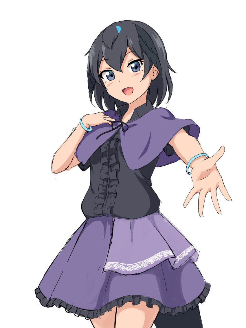 1girl :d absurdres bangs black_eyes black_hair black_skirt capelet center_frills commentary cowboy_shot frilled_skirt frills hair_between_eyes hand_on_own_chest head_wings highres kemono_friends looking_at_viewer open_mouth purple_capelet purple_skirt shiraha_maru short_hair short_sleeves simple_background sketch skirt smile solo superb_bird-of-paradise_(kemono_friends) tail white_background