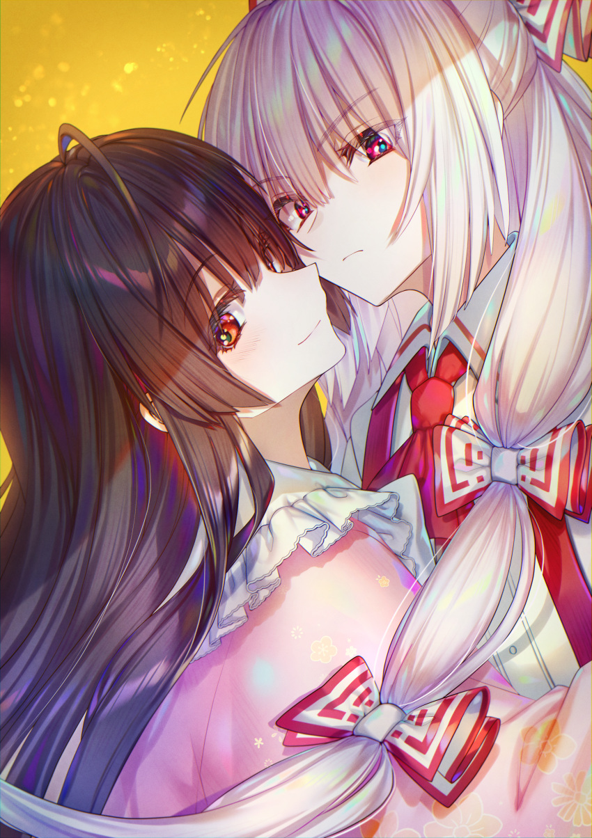 2girls absurdres bangs bow closed_mouth collared_shirt face-to-face frown fujiwara_no_mokou hair_bow here_(hr_rz_ggg) highres hime_cut houraisan_kaguya japanese_clothes long_hair long_sleeves looking_at_viewer multiple_girls pink_shirt red_eyes shirt sidelocks simple_background smile suspenders touhou very_long_hair white_hair white_shirt