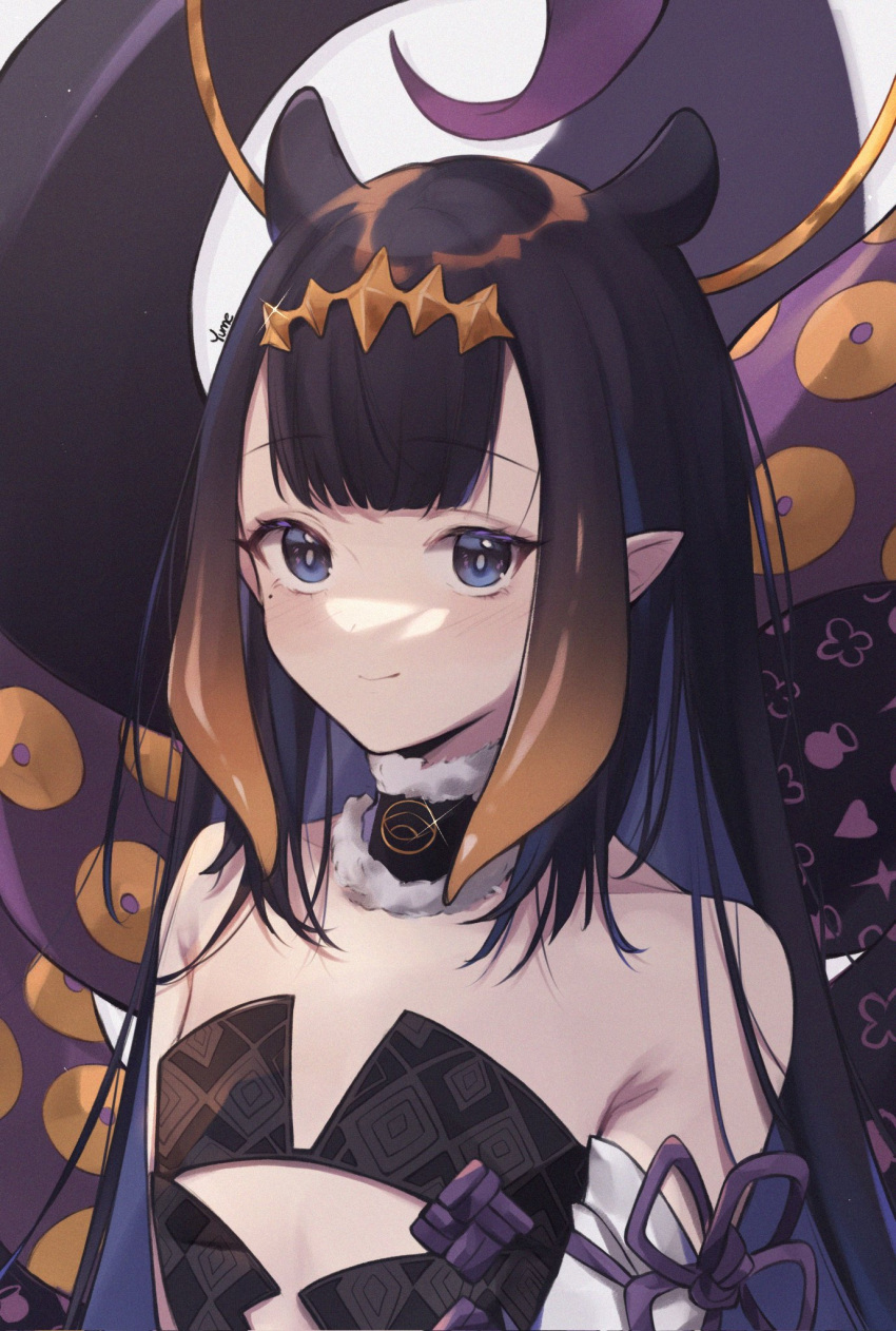 1girl animal_ears artist_name bangs black_dress black_gloves blonde_hair blunt_bangs blush breasts closed_mouth detached_sleeves dress english_commentary eyebrows_visible_through_hair gloves halo highres hololive hololive_english long_hair long_sleeves looking_at_viewer multicolored_hair ninomae_ina'nis purple_hair sidelocks simple_background single_detached_sleeve small_breasts solo streaked_hair tentacles upper_body violet_eyes virtual_youtuber white_background ymenkk