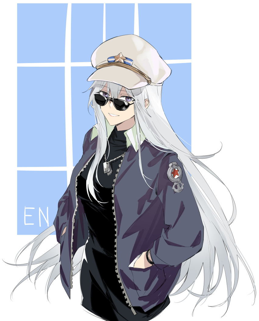 1girl absurdres alternate_costume azur_lane bangs black_dress breasts casual cropped_legs dress enterprise_(azur_lane) eyebrows_visible_through_hair glasses hands_in_pockets highres jacket jewelry long_hair looking_at_viewer necklace open_clothes open_jacket open_mouth parted_lips purple_jacket silver_hair simple_background smile solo suprii teeth upper_body violet_eyes white_headwear