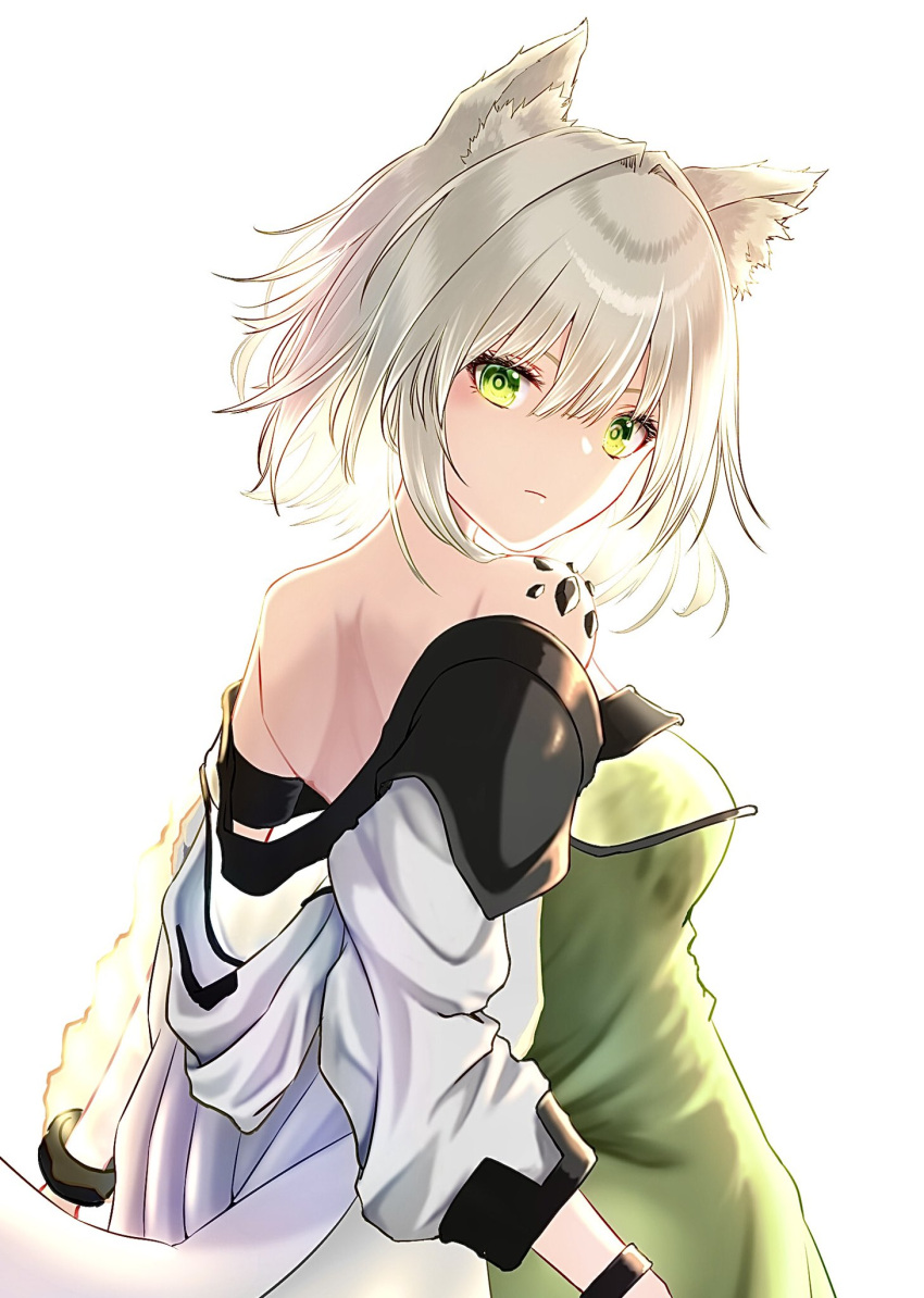 animal_ear_fluff animal_ears arknights bangs bare_back cat_ears closed_mouth commentary_request dress eyebrows from_behind from_side green_dress green_eyes green_hair highres jacket kal'tsit_(arknights) medium_hair myudo-0323 off-shoulder_jacket off_shoulder oripathy_lesion_(arknights) sidelocks silver_hair simple_background staring white_jacket
