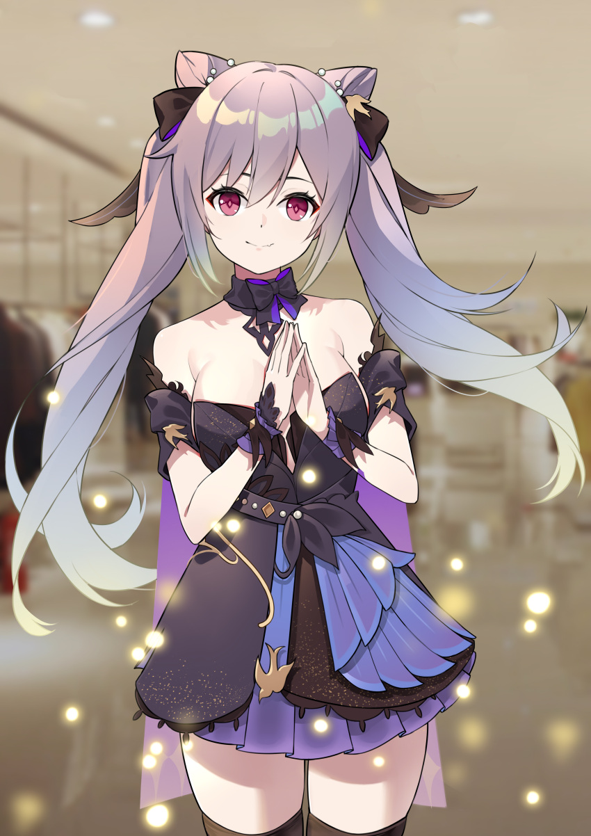 1girl absurdres black_dress blurry blurry_background bow_choker breasts closed_mouth cowboy_shot diamond-shaped_pupils diamond_(shape) dress genshin_impact hair_cones hair_ears hands_up highres keqing_(genshin_impact) keqing_(opulent_splendor)_(genshin_impact) large_breasts looking_at_viewer multicolored_clothes official_alternate_costume official_alternate_hairstyle own_hands_together pearl_hair_ornament purple_hair red_eyes skying smile solo strapless strapless_dress symbol-shaped_pupils thigh-highs