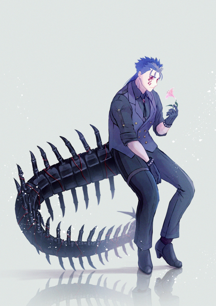 1boy alternate_costume black_gloves black_pants black_shirt blue_hair bolo_tie closed_mouth cu_chulainn_(fate) cu_chulainn_alter_(fate) dark_blue_hair dark_persona dress_shirt earrings expressionless facepaint fate/grand_order fate_(series) flower formal gloves hair_down high_heels highres holding holding_flower jewelry long_hair looking_at_flowers male_focus monster_boy moto_u_toe_say pants pink_flower red_eyes reflective_floor shirt simple_background sleeves_rolled_up solo spikes spiky_hair tail vest