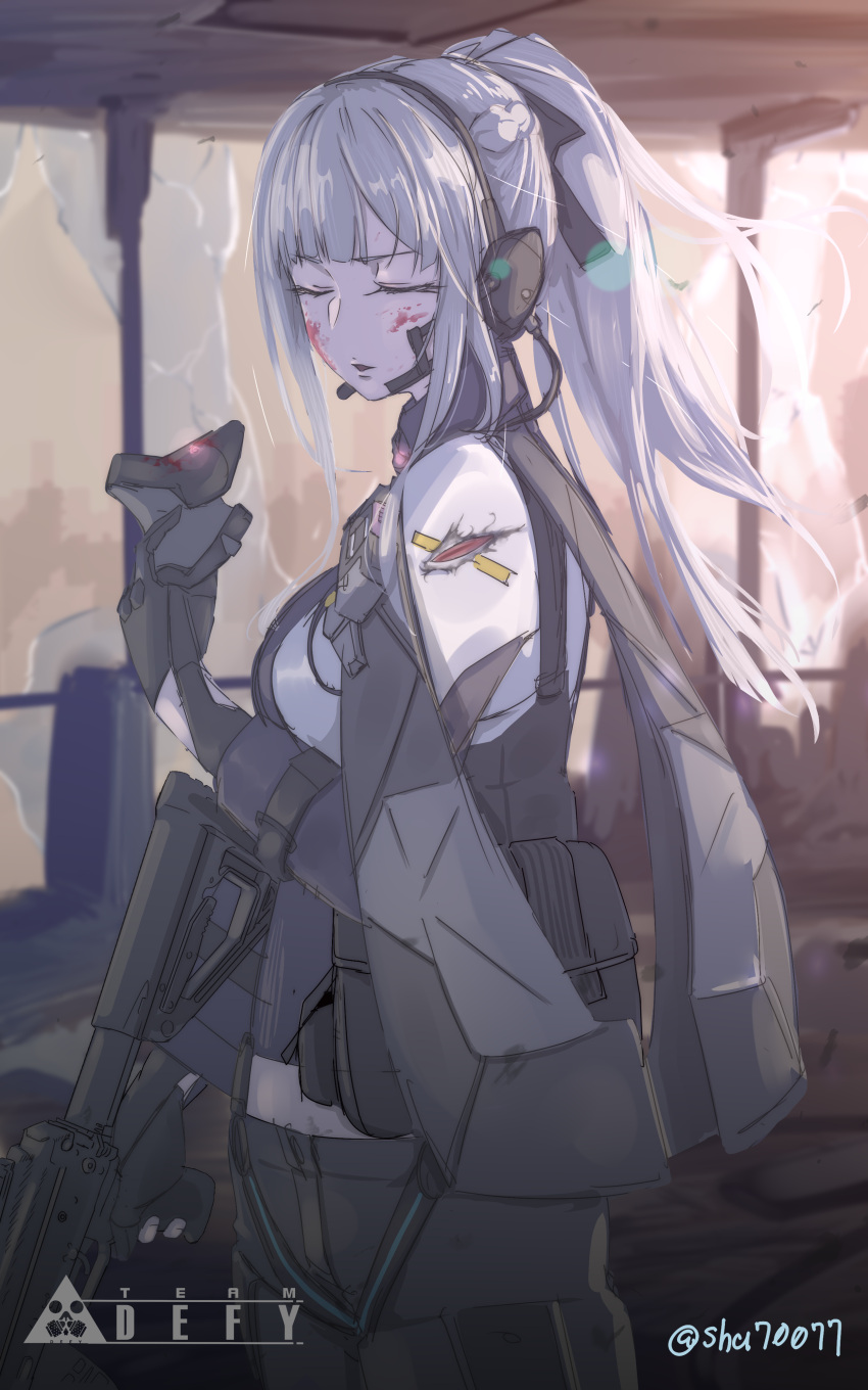 1girl absurdres ak-12_(girls'_frontline) assault_rifle black_gloves black_pants blood blood_on_face braid broken_glass closed_eyes french_braid girls_frontline glass gloves gun headset high_ponytail highres long_hair midriff pants partially_fingerless_gloves rifle shu70077 silver_hair tactical_clothes weapon window