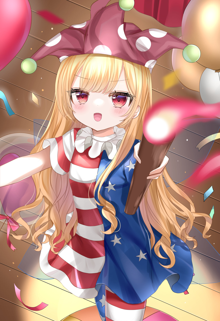 1girl absurdres american_flag_dress american_flag_pants arms_up balloon bangs blonde_hair blush breasts clownpiece commentary_request confetti curtains dress eyebrows_visible_through_hair eyelashes eyes_visible_through_hair fire floor hair_between_eyes hands_up hat highres holding holding_torch jester_cap long_hair looking_up medium_breasts neck_ruff okome2028 open_mouth pants polka_dot purple_headwear redhead shadow short_sleeves smile solo standing star_(symbol) star_print striped striped_dress striped_pants torch touhou