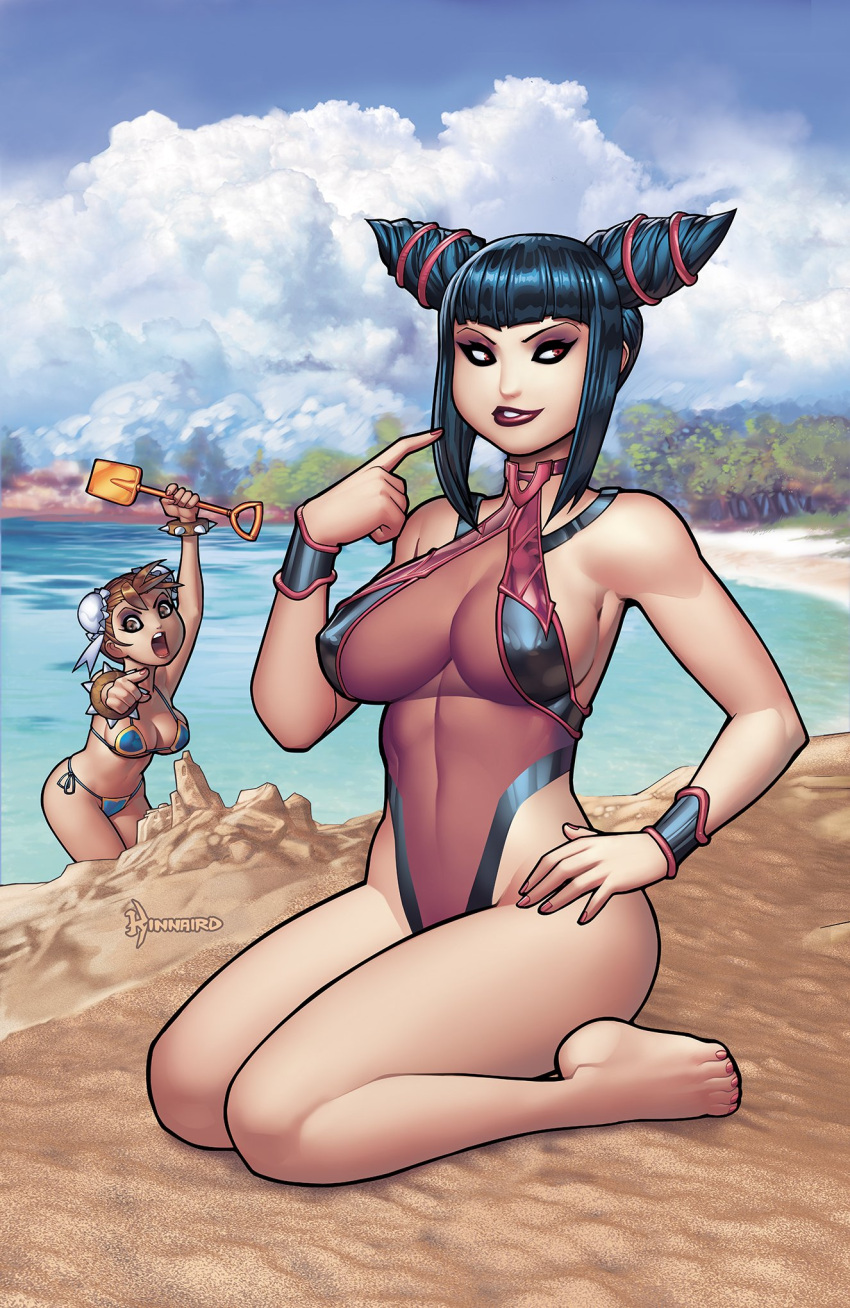 2girls artist_name bangs beach bikini black_hair blue_bikini blue_sky blunt_bangs bracelet breasts brown_hair bun_cover chun-li clouds cloudy_sky covered_navel covered_nipples drill_hair han_juri hand_on_hip highres index_finger_raised jewelry large_breasts multiple_girls one-piece_swimsuit parted_lips pointing purple_swimsuit ryan_kinnaird see-through_swimsuit seiza sidelocks sitting sky smile solo_focus spiked_bracelet spikes street_fighter swimsuit tree twin_drills