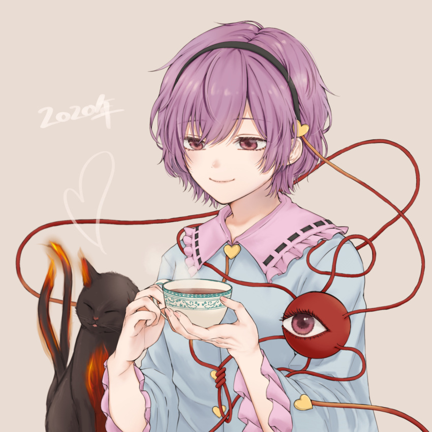 1girl 2020 bangs black_cat black_hairband blue_shirt cat commentary_request cup eyebrows_visible_through_hair frilled_shirt_collar frilled_sleeves frills grey_background hair_between_eyes hair_ornament hairband heart heart_hair_ornament highres holding holding_cup kaenbyou_rin kaenbyou_rin_(cat) komeiji_satori long_sleeves multiple_tails nekomata oshamu purple_hair ribbon-trimmed_collar ribbon_trim shirt short_hair simple_background smile steam tail teacup third_eye touhou two_tails upper_body violet_eyes wide_sleeves