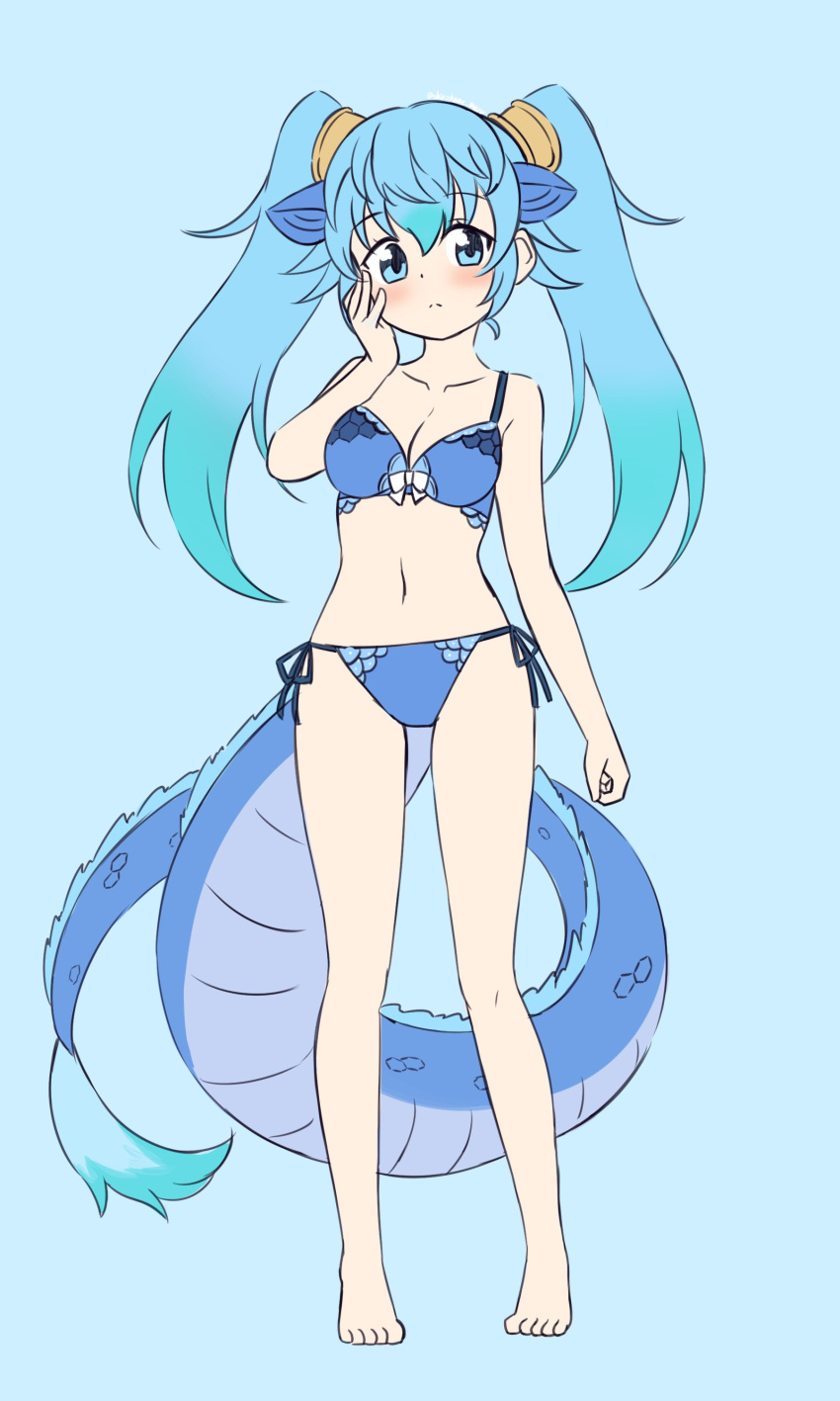 1girl :&lt; absurdres animal_ears bangs bare_arms bare_legs bare_shoulders barefoot blue_background blue_bra blue_eyes blue_hair blue_panties bra breasts collarbone commentary_request dragon_tail extra_ears eyebrows_visible_through_hair full_body hair_between_eyes hand_on_own_cheek hand_on_own_face highres kemono_friends light_blush long_hair looking_at_viewer medium_breasts navel panties seiryuu_(kemono_friends) shiraha_maru side-tie_panties simple_background solo standing tail twintails underwear underwear_only