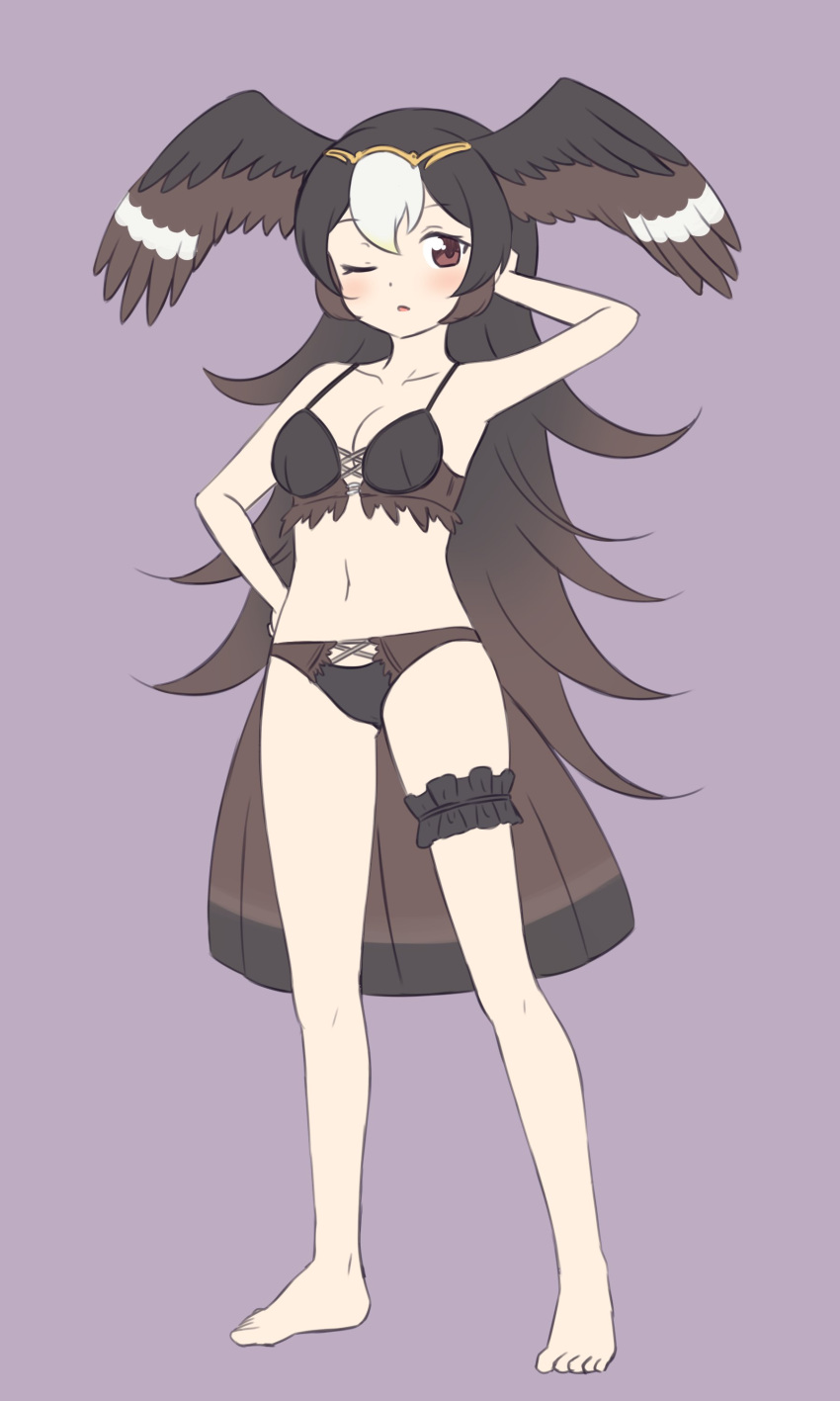 1girl ;o absurdres bare_legs barefoot black_hair bra breasts brown_eyes brown_hair character_request commentary diadem gradient_hair hand_in_own_hair hand_on_hip head_wings highres kemono_friends leg_garter legs_apart light_blush long_hair looking_at_viewer medium_breasts midriff multicolored_hair navel one_eye_closed panties purple_background shiraha_maru simple_background solo standing tail underwear underwear_only very_long_hair white_hair