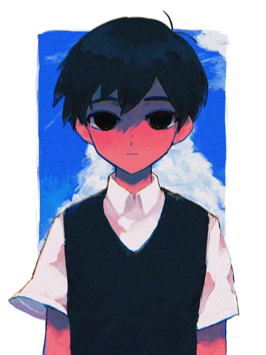 1boy bangs black_eyes black_hair black_sweater_vest clouds cloudy_sky collared_shirt commentary expressionless highres hinshi_hp0 looking_at_viewer male_focus no_pupils omori shirt short_hair sky solo sunny_(omori) sweater_vest symbol-only_commentary upper_body white_background white_shirt