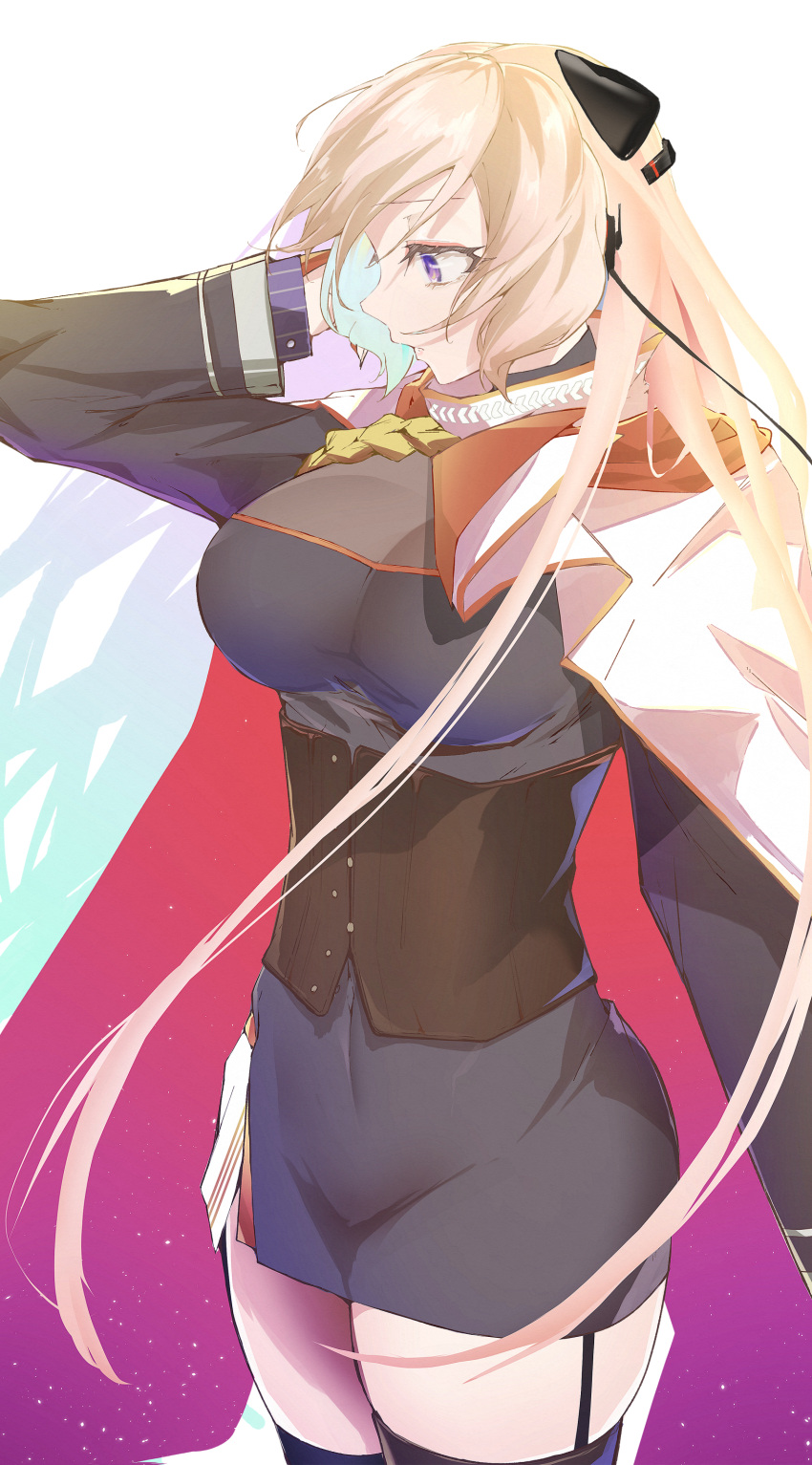 1girl absurdres black_dress black_legwear blonde_hair breasts cape closed_mouth commentary cowboy_shot dress e_sky_rugo g3_(girls'_frontline) garter_straps girls_frontline hairpods highres large_breasts long_hair long_sleeves red_cape simple_background solo thigh-highs two-sided_cape two-sided_fabric violet_eyes white_background white_cape