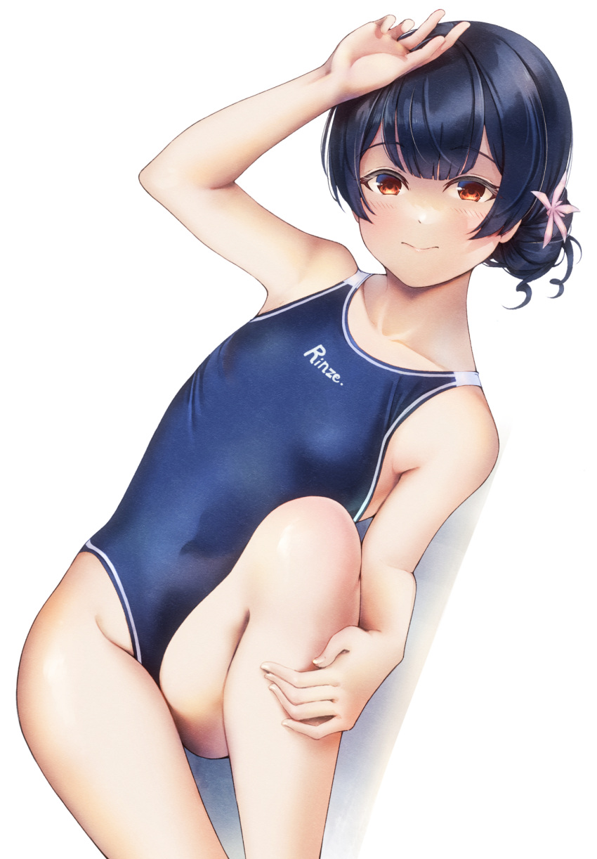 1girl black_hair blush closed_mouth collarbone competition_school_swimsuit competition_swimsuit eyebrows_visible_through_hair flower hair_bun hair_flower hair_ornament highres idolmaster idolmaster_shiny_colors looking_at_viewer lying maremay0513 morino_rinze on_back one-piece_swimsuit red_eyes school_swimsuit simple_background solo swimsuit white_background
