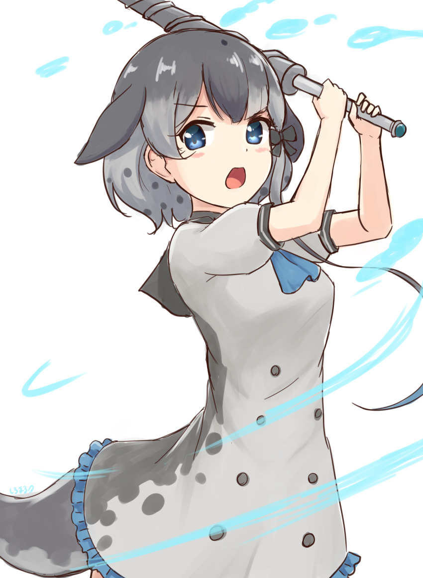 1girl absurdres apron ascot bangs bare_arms black_bow blowhole blue_ascot blue_eyes bow cetacean_tail commentary dress drillhorn_sword frilled_apron frills grey_dress grey_hair hair_bow highres holding holding_weapon kemono_friends looking_at_viewer multicolored_hair narwhal_(kemono_friends) open_mouth puffy_short_sleeves puffy_sleeves shiraha_maru short_hair_with_long_locks short_sleeves simple_background single_sidelock solo tail water_drop weapon white_background