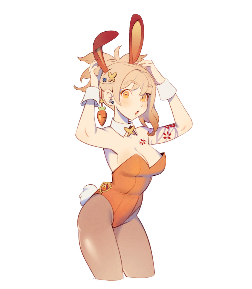 1girl :o animal_ears arm_tattoo blonde_hair blush breasts brown_legwear butterfly_hair_ornament butterfly_ornament carrot_hair_ornament cropped_legs detached_collar fake_animal_ears fake_tail food-themed_hair_ornament genshin_impact hair_ornament high_ponytail highres leotard lilyglazed looking_at_viewer medium_breasts orange_eyes orange_leotard pantyhose rabbit_ears rabbit_tail short_hair simple_background solo strapless strapless_leotard tail tattoo vision_(genshin_impact) white_background wrist_cuffs yoimiya_(genshin_impact)
