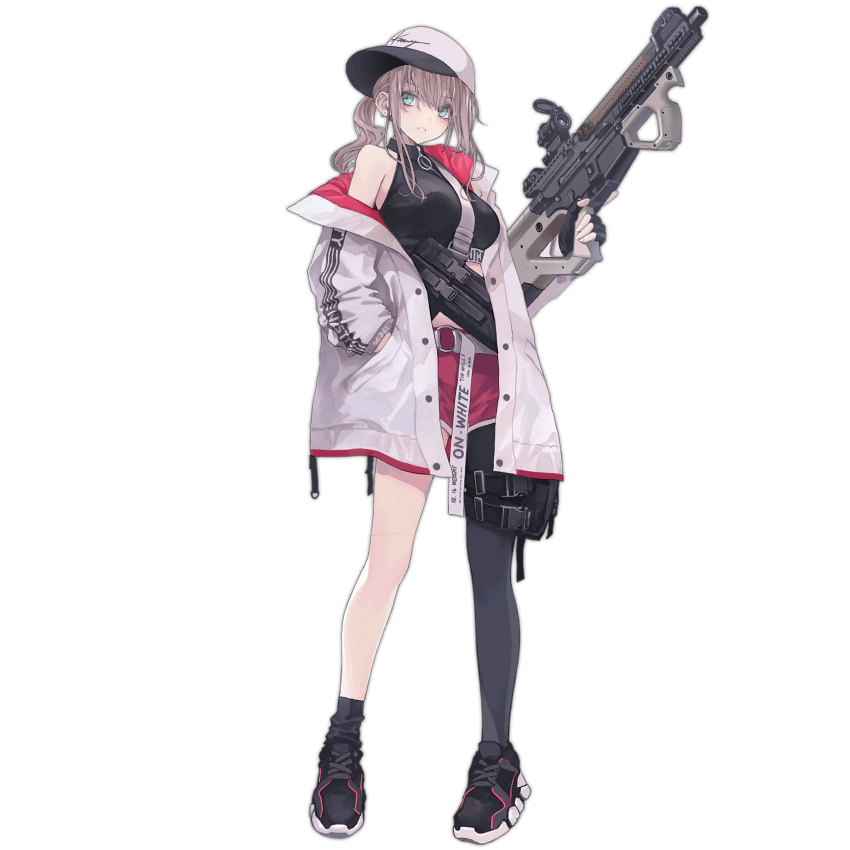 1girl ar-57 ar-57_(girls'_frontline) baseball_cap belt_pouch black_gloves breasts coat crop_top dolphin_shorts fingerless_gloves full_body girls_frontline gloves gun hand_in_pocket hat highres holding holding_gun holding_weapon long_hair long_sleeves looking_at_viewer official_art open_clothes open_coat pouch shirt shoes short_shorts shorts side_ponytail sidelocks sleeveless sleeveless_shirt sneakers socks solo submachine_gun transparent_background trigger_discipline weapon white_coat