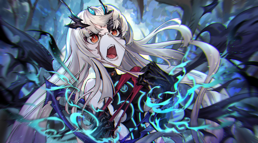 1girl absurdres bangs bare_shoulders breasts brown_eyes fairy_knight_lancelot_(fate) fang fate/grand_order fate_(series) gloves highres horns lankuchashuangjielong long_hair mask mask_pull open_mouth ripping sidelocks slit_pupils small_breasts solo white_hair